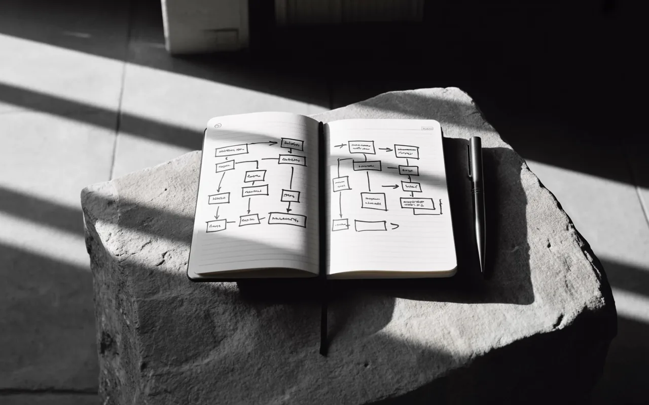Cuaderno con un diagrama de estrategia dibujado a mano sobre piedra