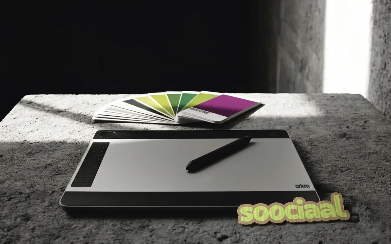 Tableta gráfica Orukami junto a una guía Pantone y el sticker de Soociaal