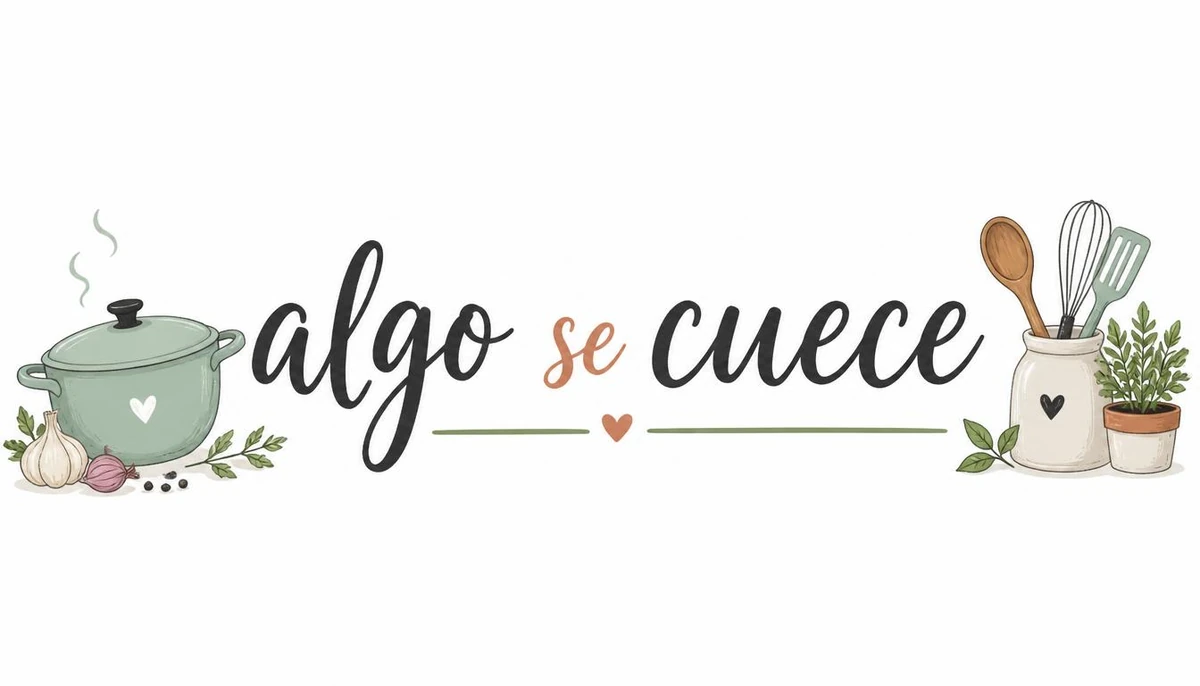 Cabecera del blog de cocina Algo se cuece: caligrafía sobre ilustraciones de una olla humeante, ajos y utensilios de cocina dibujados a mano