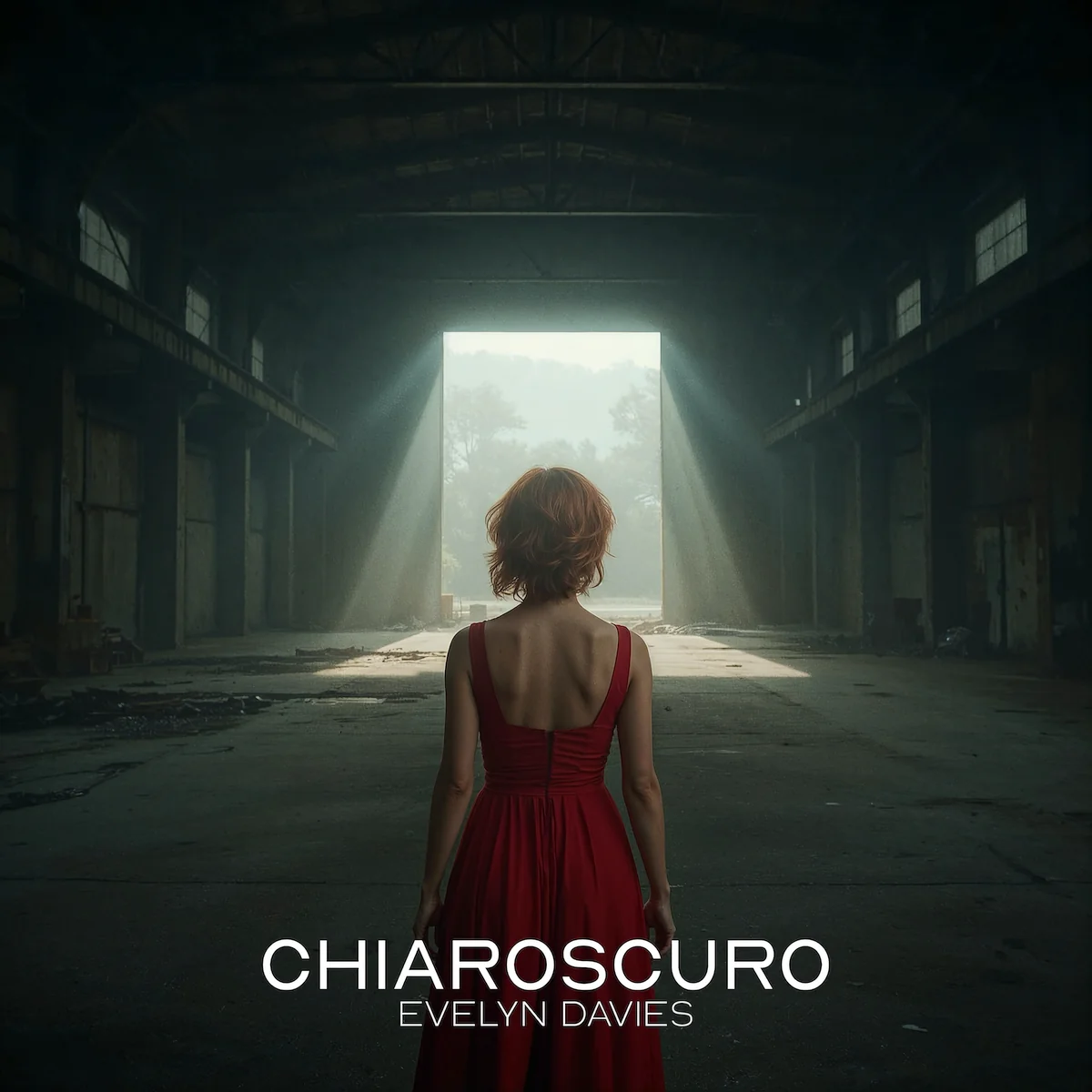 Portada del álbum Chiaroscuro: Evelyn de espaldas con vestido rojo en una nave industrial abandonada, frente a un gran portón por el que entra la luz
