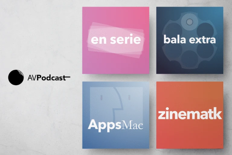 Sistema de portadas de la red AVPodcast: En serie, Bala extra, AppsMac y Zinematk, cuatro programas con jerarquía tipográfica común y color propio