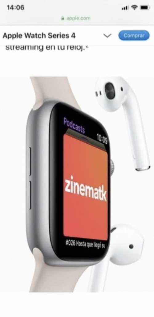 Captura de apple.com durante el lanzamiento del Apple Watch Series 4: el reloj muestra la app Podcasts reproduciendo un episodio de Zinematk
